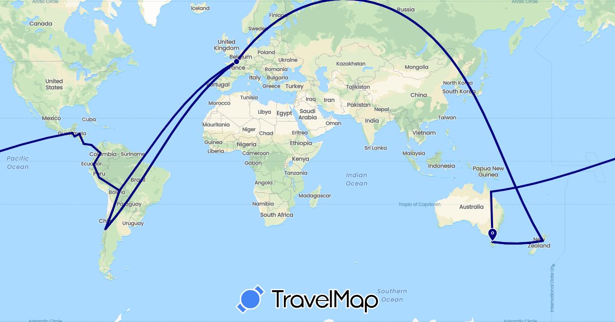 TravelMap itinerary: driving in Australia, Bolivia, Chile, Colombia, Costa Rica, Ecuador, France, Guatemala, Honduras, Nicaragua, New Zealand, Panama, Peru, El Salvador (Europe, North America, Oceania, South America)